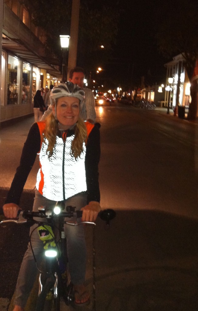 Nighttime biking on Duval St with my RU-seen vest.