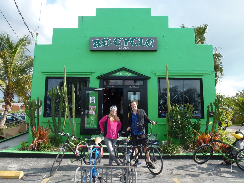 Stock Island, FL: Bike shop stop on an excursion off Key West.  ("Safety girl" in bright colors and helmet.  Bruce has given me this new nickname). 