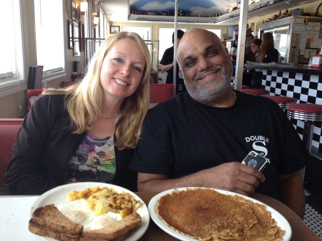 Eggs and pancakes with Eric at the Double S Diner..  Ron is thrilled!