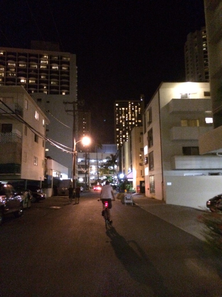 Back in our Waikiki neighborhood..  Gotta put the bikes to bed for the night....