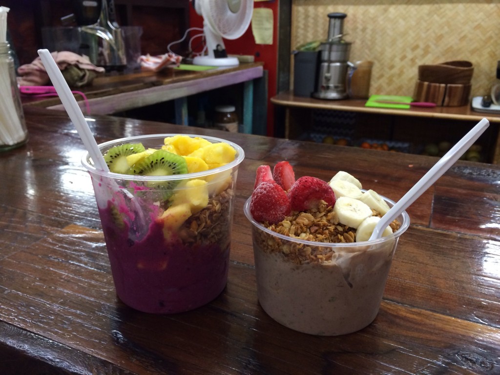 Bonus pic: lunch later that day... Ron's dragonfruit bowl with acai, mango, bananas, pineapple and kiwi, and my chunky monkey acai bowl with peanut butter and banana, oh and kale too, topped with strawberries, bananas and granola.