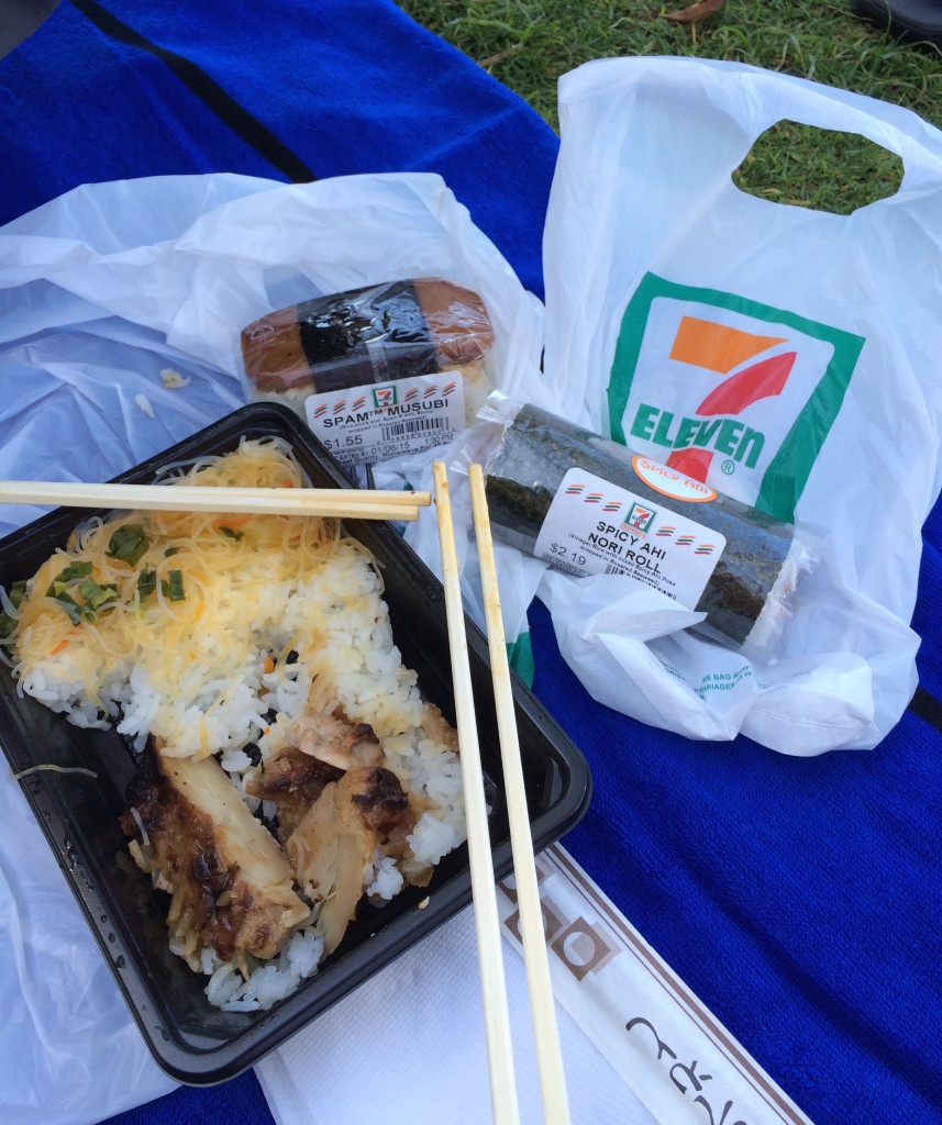 7-11 has great food here in Hawaii: Filipino pancit noodles and chicken adobo over rice, (oh and spam musubi and spicy ahi tuna  sushi roll....)