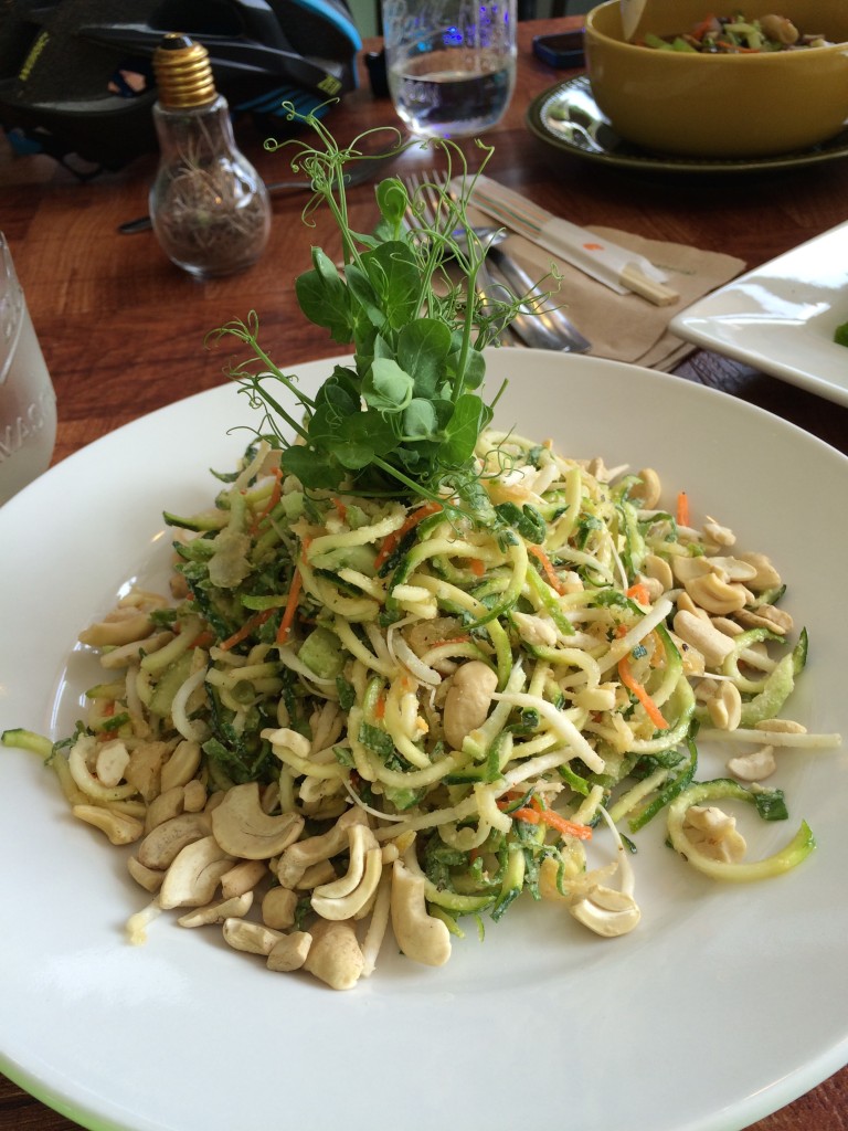 Raw Thai zucchini noodles with spicy ginger coconut sauce.  This is a meal!