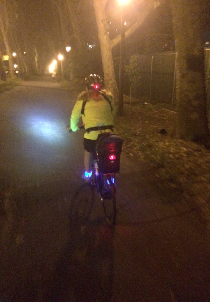 I borrowed Ron's blue ankle biters.  After the movies tonight, it feels especially freeing and wonderful to be on a bicycle.  