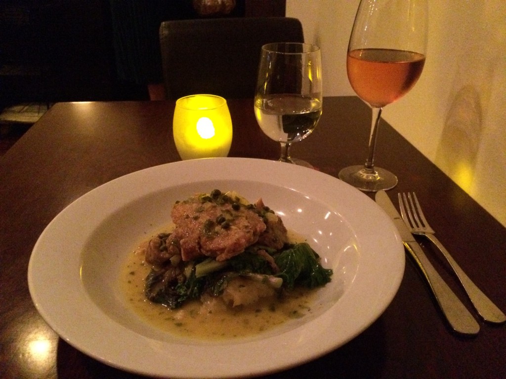 Dinner for one..  seitan scaloppine with mashed potatoes and sauteed kale. Delish.  The people next to me raved about the vegan tiramisu, but I was full!