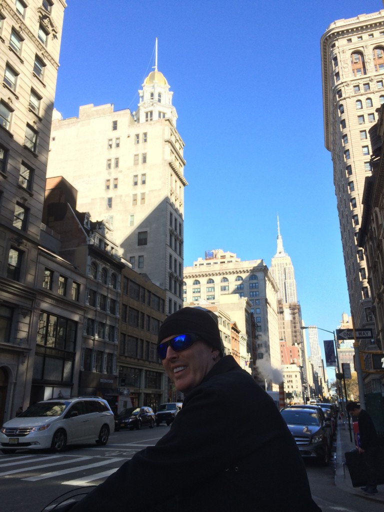 Then we biked around town. (This shot is taken looking up 5th Ave towards the Empire State Building. On the left, the gold-topped building is the 1898 Sohmer Piano Co. Building. And on the right is the backside of the Flatiron Building). 