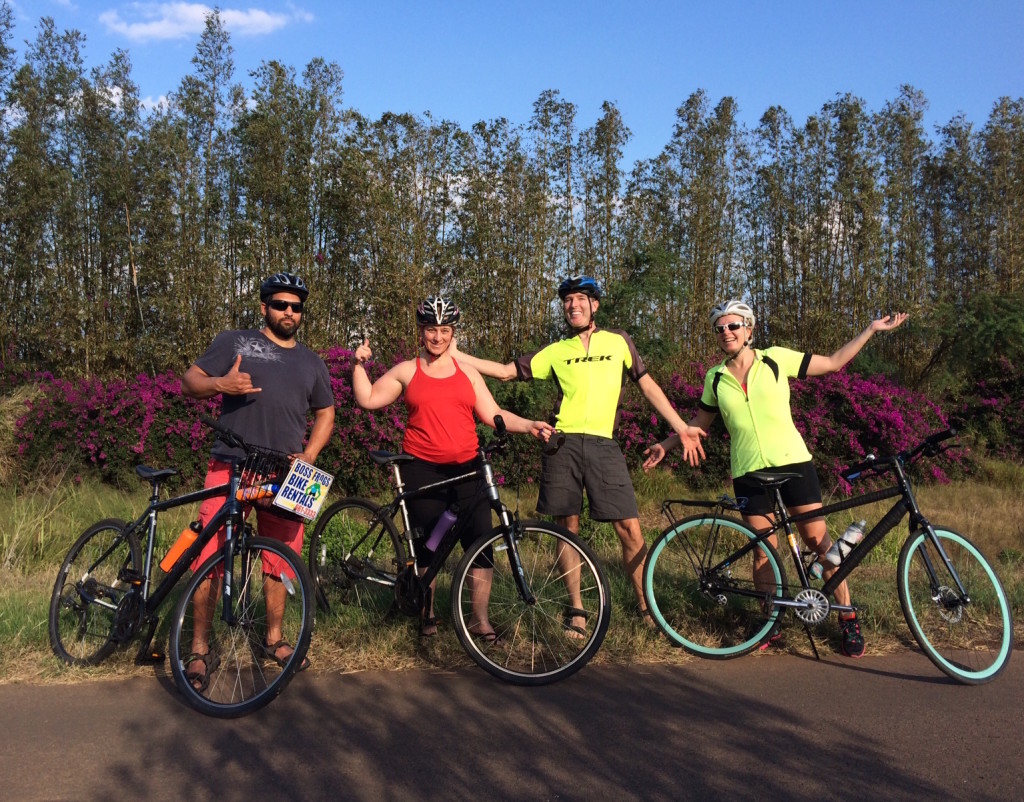 Dawn & Qaasim flew in from New Jersey and we made sure they got bike rentals... Here on a bike path amid the bamboo and bougainvillea. 