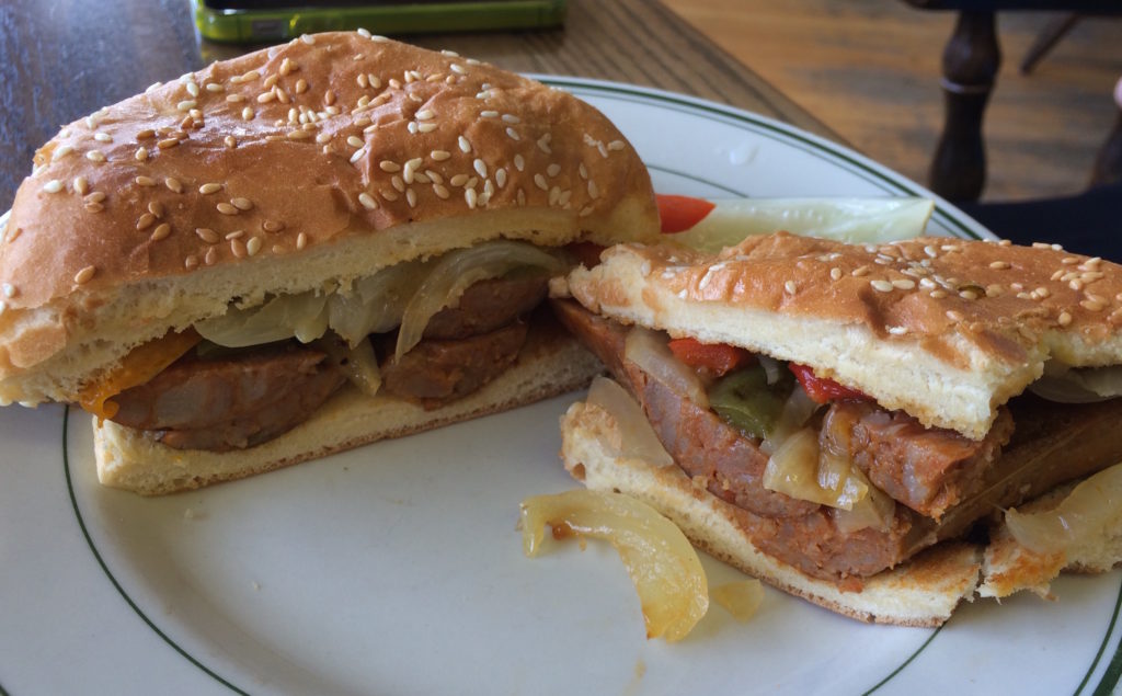 Ron's homemade sausage and peppers sandwich. Next time we'll try the pirogues. 
