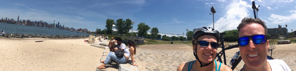 A little selfie pano action on the beach at the Brooklyn waterfront, looking out towards midtown Manhattan.