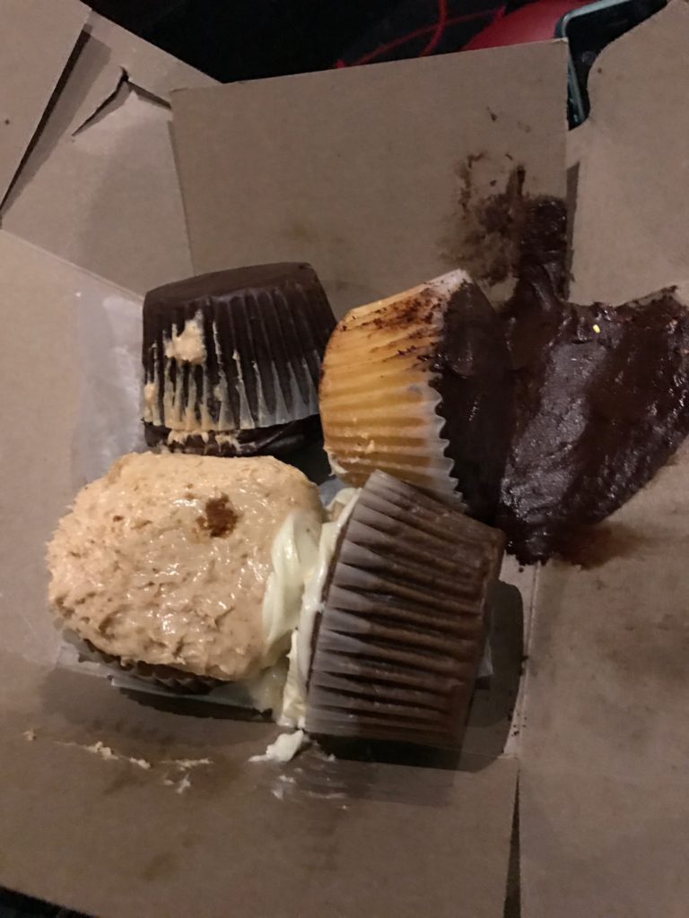 The only problem... after biking 50+ blocks downtown to meet Angela, 3 out of 4 cupcakes got tossed. (Pumpkin Harvest, Brooklyn Blackout Cake, Yellow Fudge and Carrot Cake).
