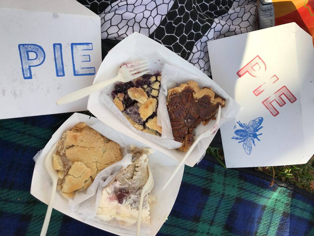 Apple pie, blueberry pie, browned butter pecan pie, and a old-time NY classic nesslerode pie with chestnuts and rum-soaked cherries. (Pie appears to be more bike able than cupcakes).